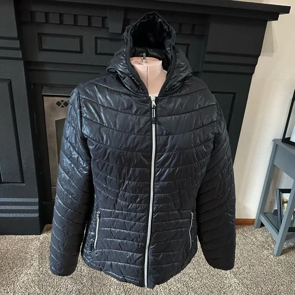 Tek Gear Warm Tek Black Jacket Quilted Puffer Coat Women’s Large Hood Sz L - Picture 1 of 9